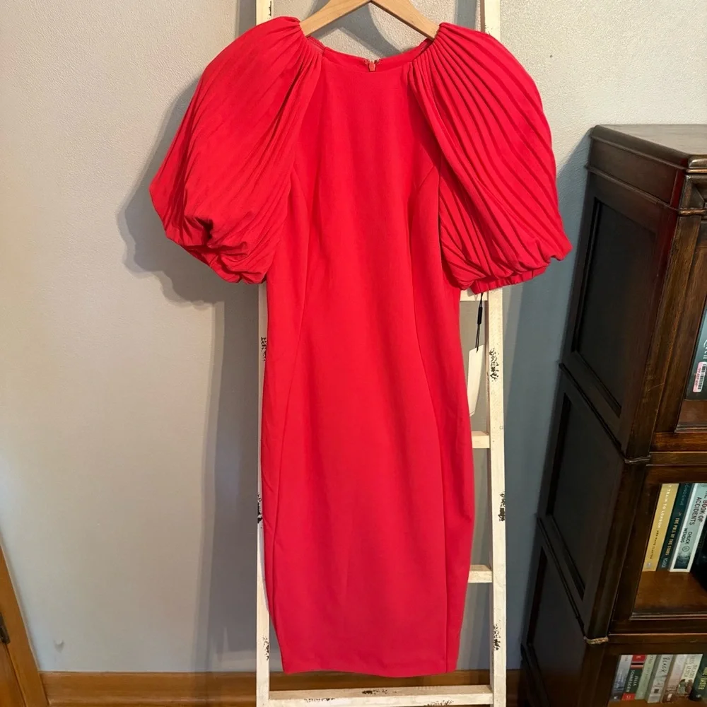 NWT Calvin Klein Hot Pink Pleated Puff Sleeve Dress Size 2 - Picture 15 of 15